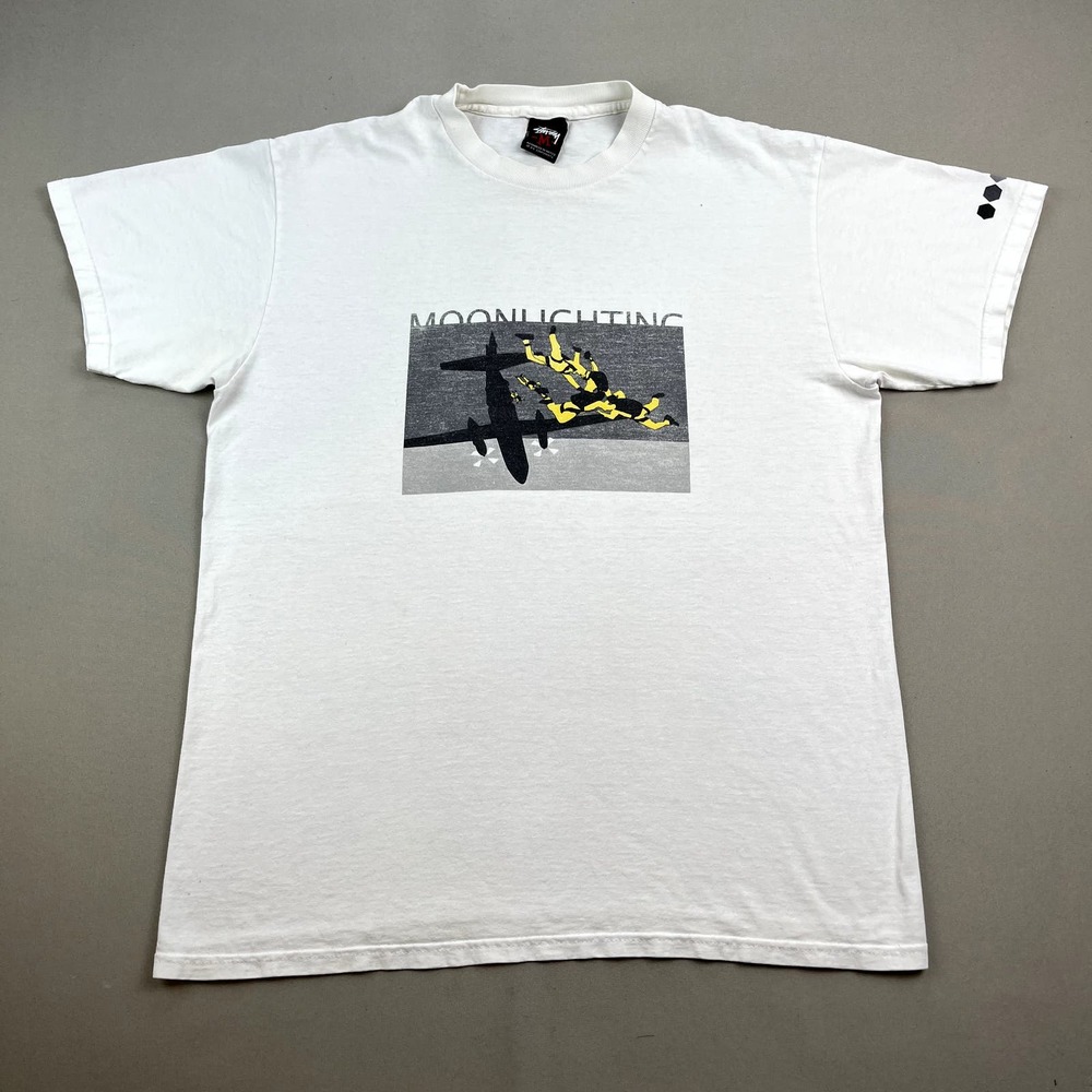 Vintage Stussy T-Shirt Adult Medium White Moonlighting Futura Plane Skydive y2k